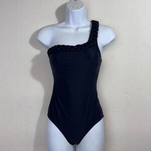 S-Mode Womens Braided Trim One Shoulder One Piece Swimsuit Black Small